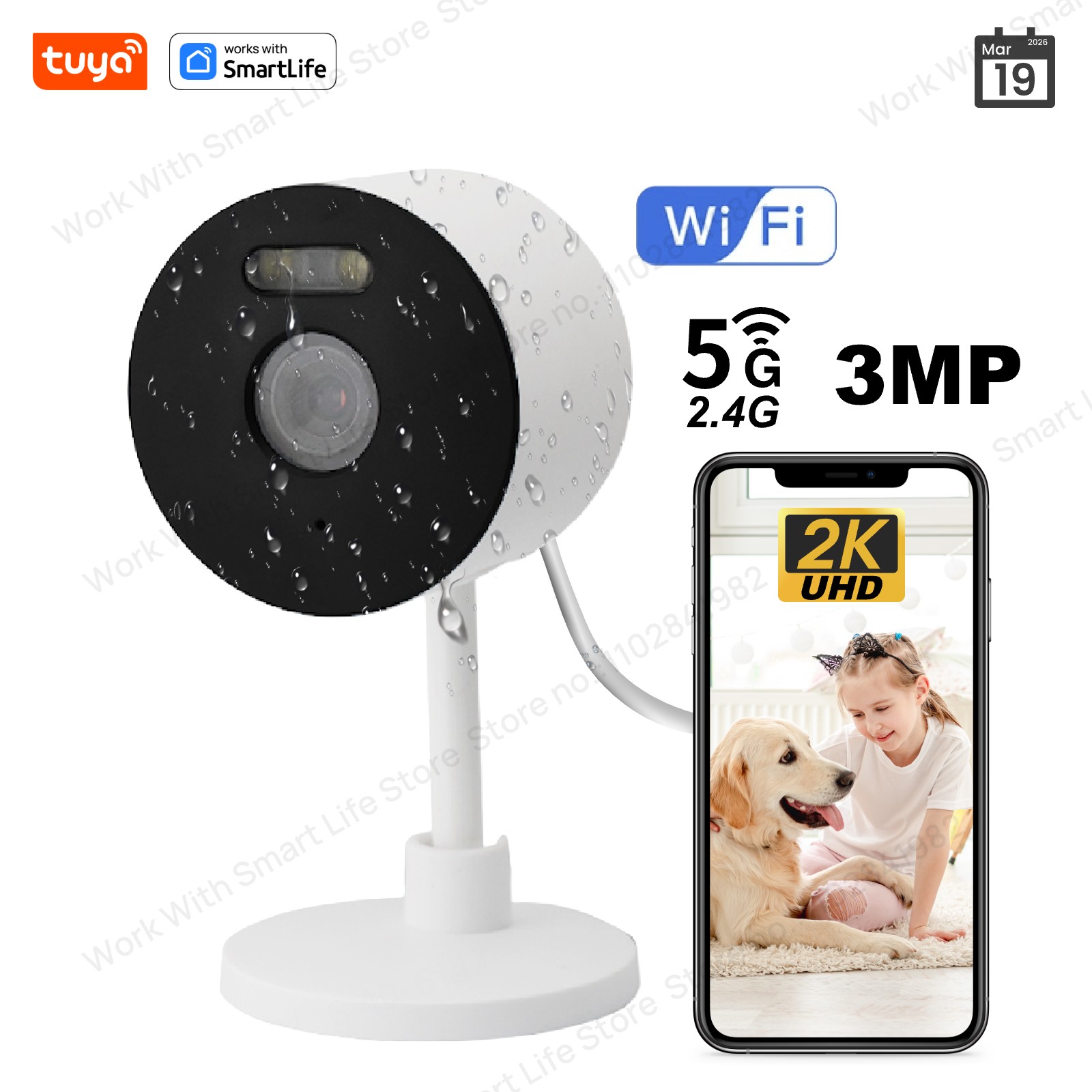 Smart Home Camera Ezviz - 3MP HD Tuya スマート屋内/屋外セキュリティカメラ、家庭用、赤ちゃん/高齢者/ペット用カメラ、電話アプリ付き、カラー暗視機能、双方向音声対応