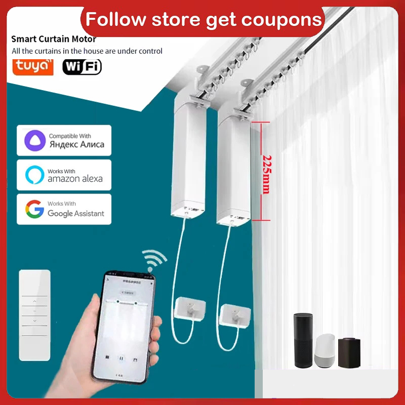 Smart Home Mod - スマートホームTuya WiFiカーテンモーター、電動トラックレールロッド付き、Googleアシスタント、Alexa対応、自動カーテン、最新モデル