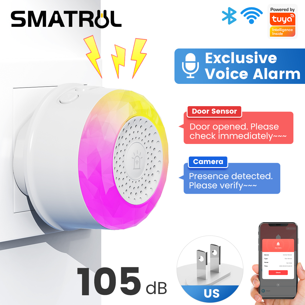 Smart Home Technology - SMATRUL Tuya WiFi サウンド＆ライトアラームセンサー、EU/US/UKプラグ付き、スマートライフアプリ制御対応、ドア/窓センサー、カメラ、土壌センサー